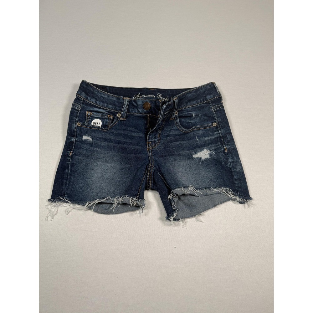 American Eagle‎ Shorts Womens 4 Blue Denim Super Stretch Distressed Raw Hem